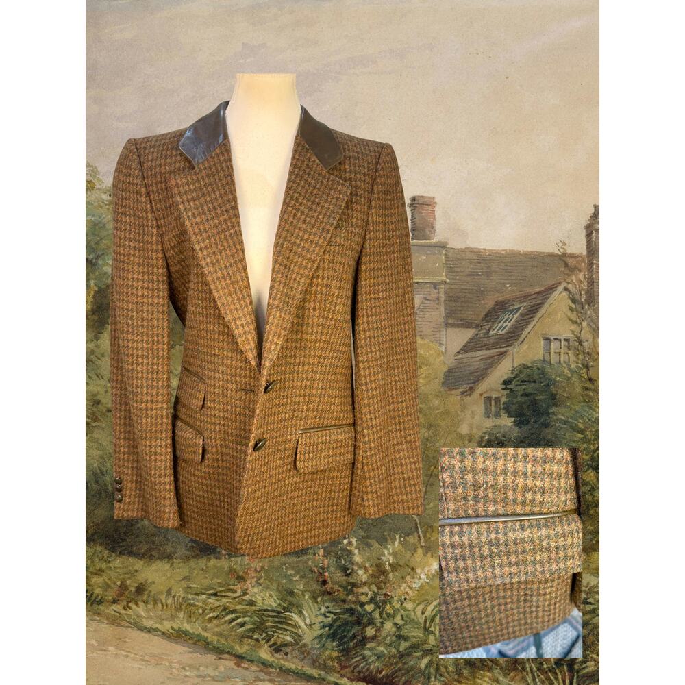 Vintage 80s Escada Equestrian Leather-Trim Rust Brown Tweed Plaid Blazer 6/8 - Picture 2 of 6